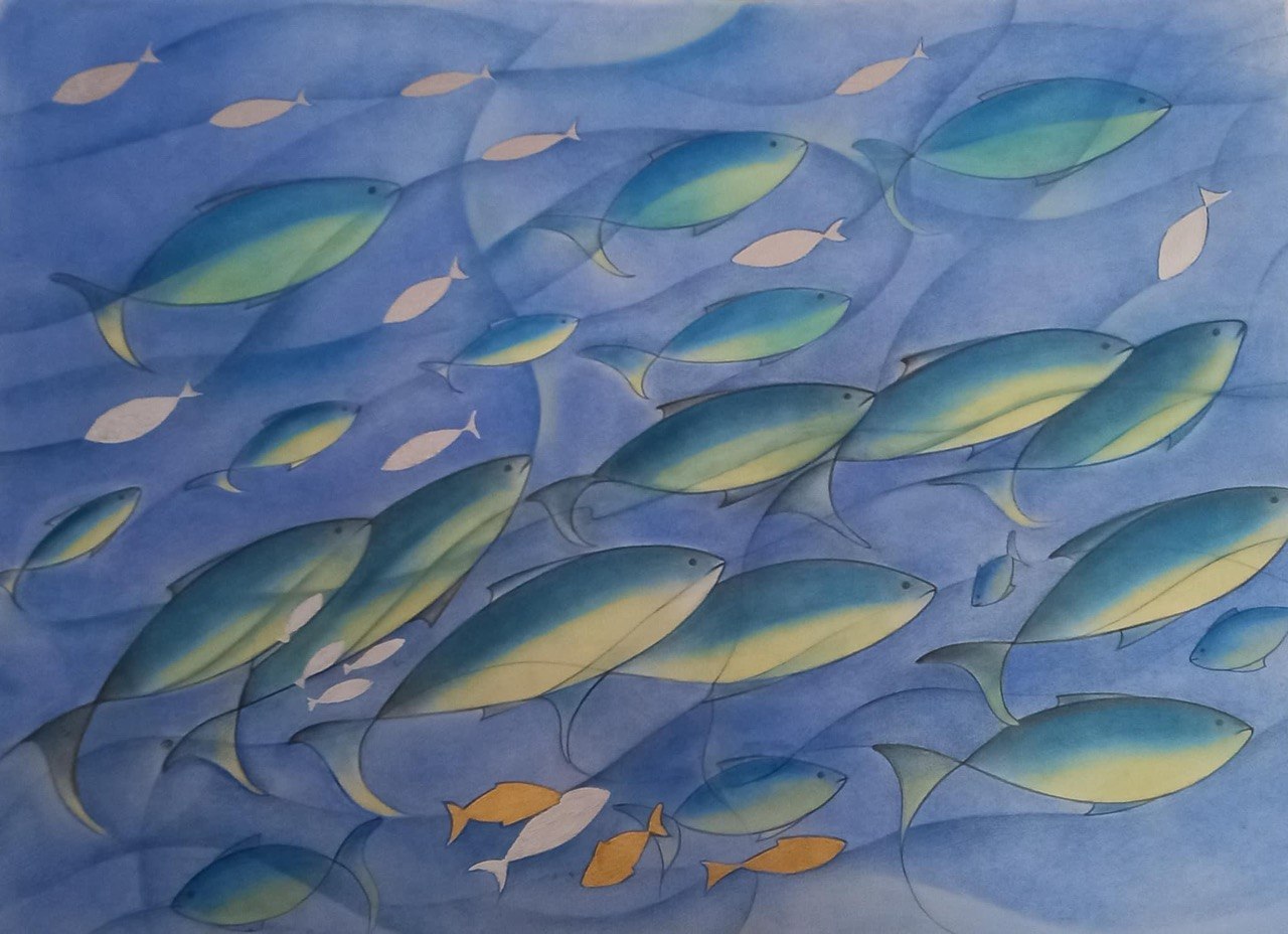 Branco di Pesci 80x60 cm carboncino e foglia oro e argento
